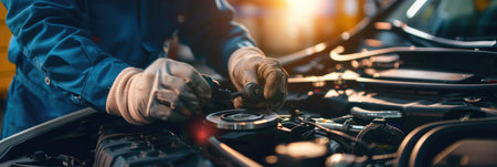 Close-up of a mechanic's hands repairing a car engine, depicting expertise in vehicle maintenanceの素材