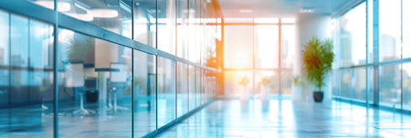 Abstract blurred image of a modern office corridor illuminated by bright ceiling lights, conveying work atmosphereの素材