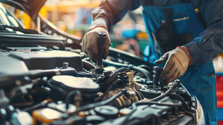 Close-up of a mechanic's hands repairing a car engine, depicting expertise in vehicle maintenanceの素材