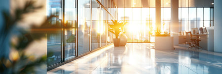 Abstract blurred image of a modern office corridor illuminated by bright ceiling lights, conveying work atmosphereの素材