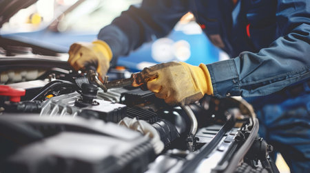 Close-up of a mechanic's hands repairing a car engine, depicting expertise in vehicle maintenanceの素材