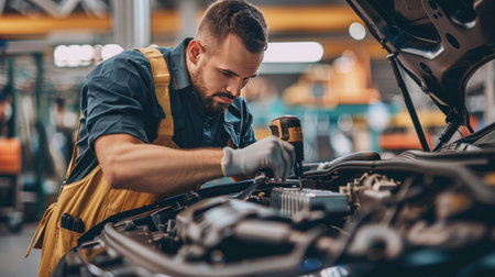 Close-up of a mechanic's hands repairing a car engine, depicting expertise in vehicle maintenanceの素材