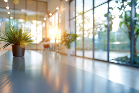 Abstract blurred image of a modern office corridor illuminated by bright ceiling lights, conveying work atmosphereの素材