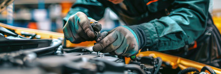 Close-up of a mechanic's hands repairing a car engine, depicting expertise in vehicle maintenanceの素材