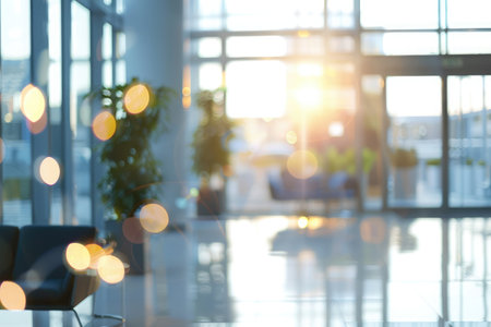 Abstract blurred image of a modern office corridor illuminated by bright ceiling lights, conveying work atmosphereの素材