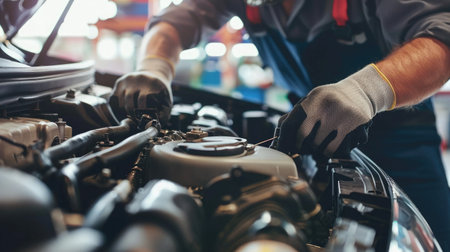 Close-up of a mechanic's hands repairing a car engine, depicting expertise in vehicle maintenanceの素材