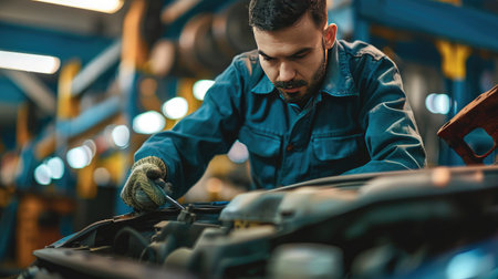 Close-up of a mechanic's hands repairing a car engine, depicting expertise in vehicle maintenanceの素材