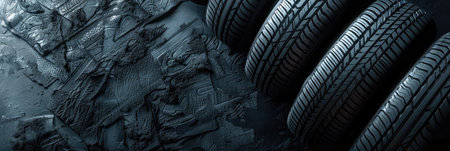 A set of new car tires arranged neatly on a textured black background, highlighting tread patterns and rubber qualityの素材