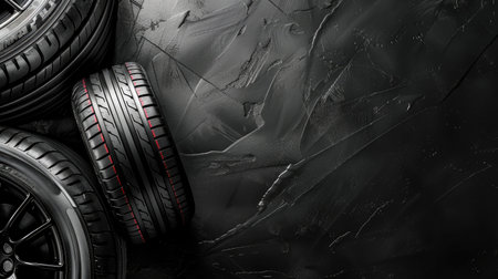 A set of new car tires arranged neatly on a textured black background, highlighting tread patterns and rubber qualityの素材