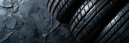 A set of new car tires arranged neatly on a textured black background, highlighting tread patterns and rubber qualityの素材