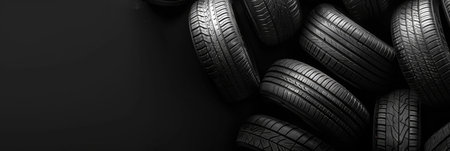 A set of new car tires arranged neatly on a textured black background, highlighting tread patterns and rubber qualityの素材