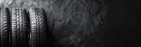A set of new car tires arranged neatly on a textured black background, highlighting tread patterns and rubber qualityの素材