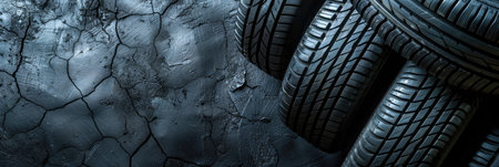 A set of new car tires arranged neatly on a textured black background, highlighting tread patterns and rubber qualityの素材