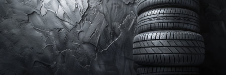 A set of new car tires arranged neatly on a textured black background, highlighting tread patterns and rubber qualityの素材