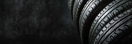 A set of new car tires arranged neatly on a textured black background, highlighting tread patterns and rubber qualityの素材