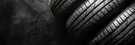 A set of new car tires arranged neatly on a textured black background, highlighting tread patterns and rubber qualityの素材