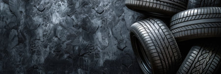 A set of new car tires arranged neatly on a textured black background, highlighting tread patterns and rubber qualityの素材