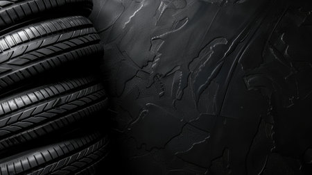 A set of new car tires arranged neatly on a textured black background, highlighting tread patterns and rubber qualityの素材