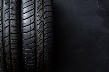 A set of new car tires arranged neatly on a textured black background, highlighting tread patterns and rubber qualityの素材