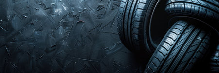 A set of new car tires arranged neatly on a textured black background, highlighting tread patterns and rubber qualityの素材