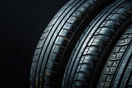 A set of new car tires arranged neatly on a textured black background, highlighting tread patterns and rubber qualityの素材