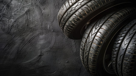 A set of new car tires arranged neatly on a textured black background, highlighting tread patterns and rubber qualityの素材