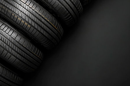 A set of new car tires arranged neatly on a textured black background, highlighting tread patterns and rubber qualityの素材