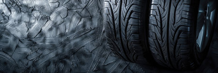 A set of new car tires arranged neatly on a textured black background, highlighting tread patterns and rubber qualityの素材
