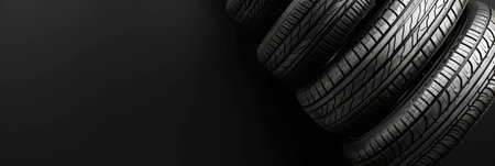 A set of new car tires arranged neatly on a textured black background, highlighting tread patterns and rubber qualityの素材