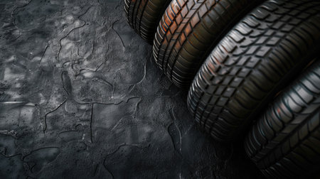 A set of new car tires arranged neatly on a textured black background, highlighting tread patterns and rubber qualityの素材