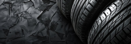 A set of new car tires arranged neatly on a textured black background, highlighting tread patterns and rubber qualityの素材