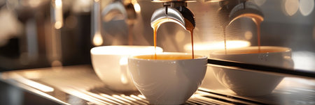 Close-up of an espresso machine brewing a hot, fresh cup of coffee, capturing the perfect morning startの素材