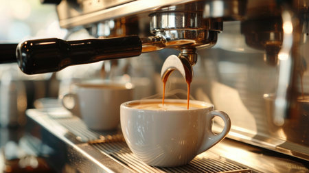 Close-up of an espresso machine brewing a hot, fresh cup of coffee, capturing the perfect morning startの素材