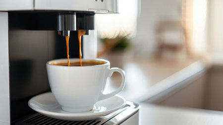 Close-up of an espresso machine brewing a hot, fresh cup of coffee, capturing the perfect morning startの素材