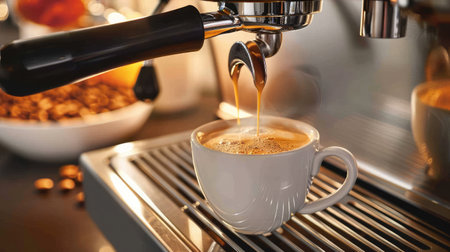 Close-up of an espresso machine brewing a hot, fresh cup of coffee, capturing the perfect morning startの素材