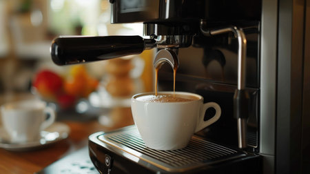 Close-up of an espresso machine brewing a hot, fresh cup of coffee, capturing the perfect morning startの素材