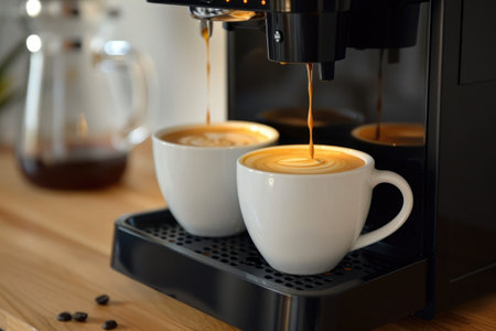 Close-up of an espresso machine brewing a hot, fresh cup of coffee, capturing the perfect morning startの素材