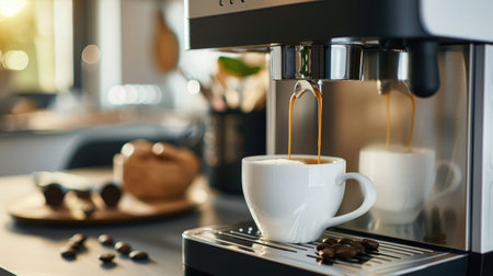 Close-up of an espresso machine brewing a hot, fresh cup of coffee, capturing the perfect morning startの素材