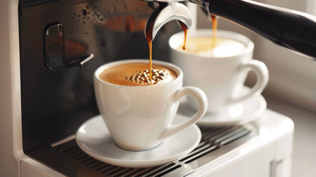 Close-up of an espresso machine brewing a hot, fresh cup of coffee, capturing the perfect morning startの素材