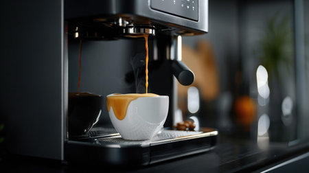 Close-up of an espresso machine brewing a hot, fresh cup of coffee, capturing the perfect morning startの素材