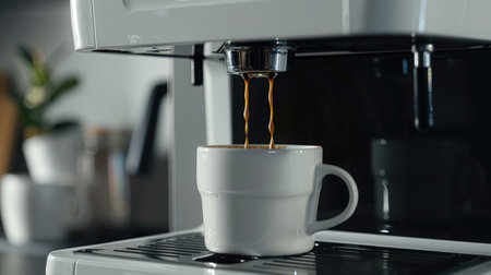 Close-up of an espresso machine brewing a hot, fresh cup of coffee, capturing the perfect morning startの素材