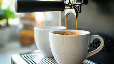 Close-up of an espresso machine brewing a hot, fresh cup of coffee, capturing the perfect morning startの素材