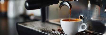 Close-up of an espresso machine brewing a hot, fresh cup of coffee, capturing the perfect morning startの素材