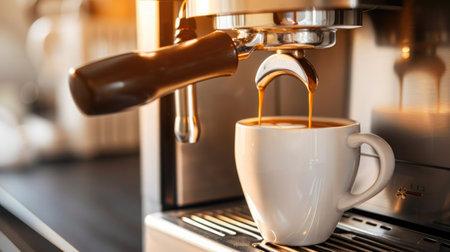 Close-up of an espresso machine brewing a hot, fresh cup of coffee, capturing the perfect morning startの素材
