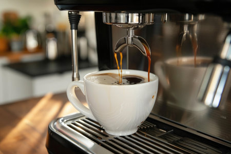 Close-up of an espresso machine brewing a hot, fresh cup of coffee, capturing the perfect morning startの素材