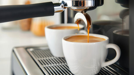 Close-up of an espresso machine brewing a hot, fresh cup of coffee, capturing the perfect morning startの素材