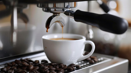 Close-up of an espresso machine brewing a hot, fresh cup of coffee, capturing the perfect morning startの素材