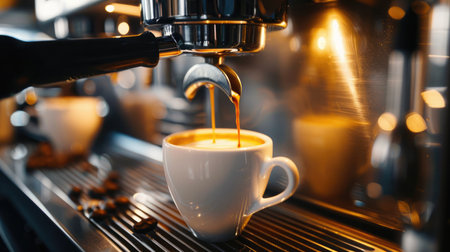 Close-up of an espresso machine brewing a hot, fresh cup of coffee, capturing the perfect morning startの素材