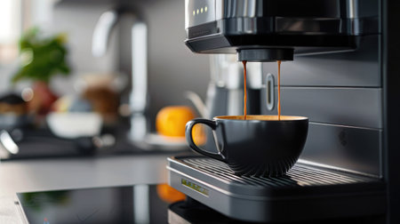 Close-up of an espresso machine brewing a hot, fresh cup of coffee, capturing the perfect morning startの素材