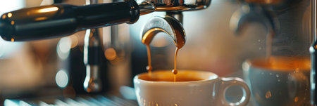 Close-up of an espresso machine brewing a hot, fresh cup of coffee, capturing the perfect morning startの素材